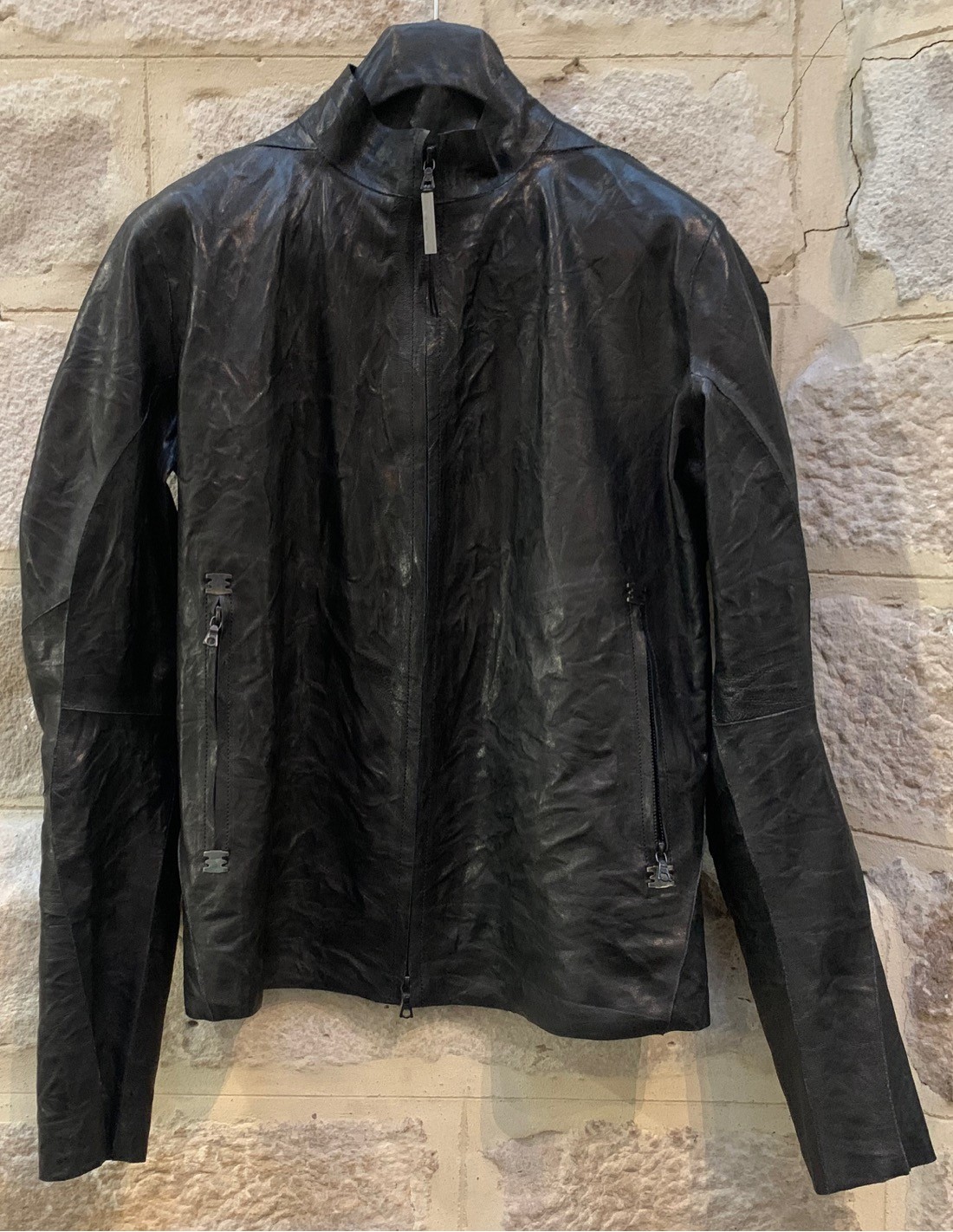 ISAAC SELLAM black jacket with staples on back in washed leather