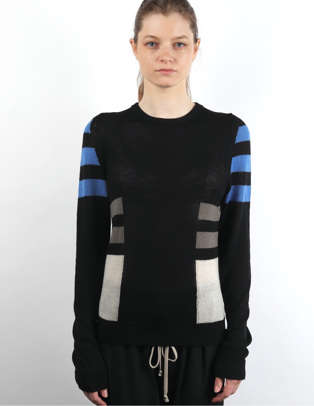 Black sweater with multicolored geometric patterns in wool