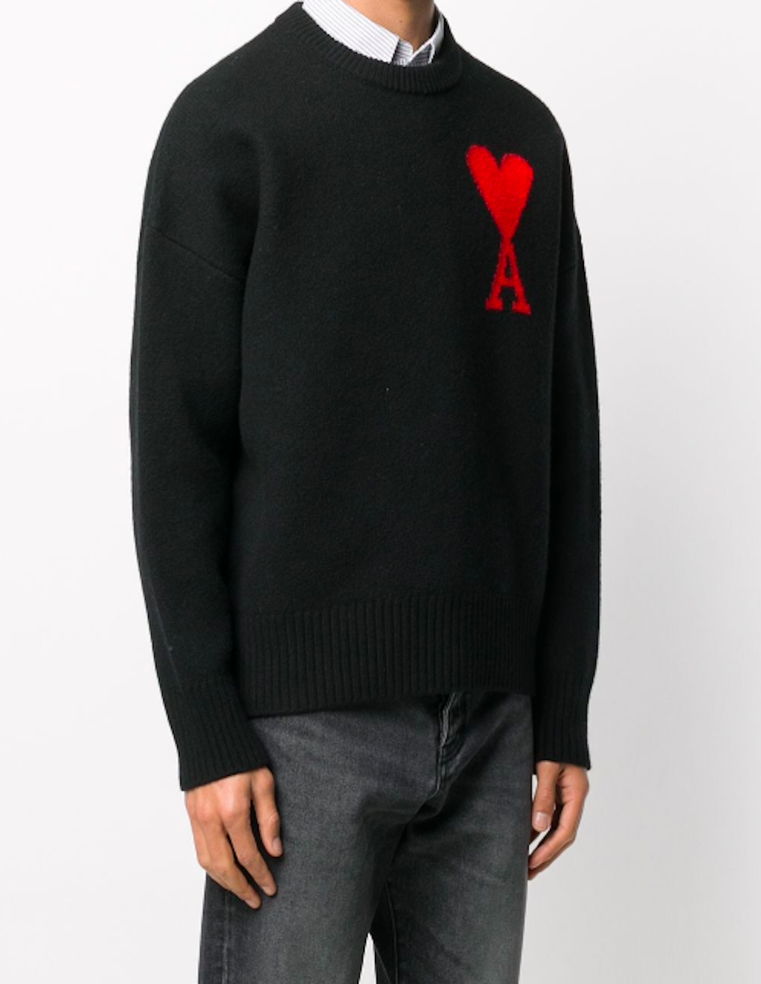 BLACK ROUND COLLAR PULLOVER WITH OVERSIZE RED HEART EMBROIDERED AMI PARIS