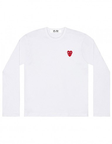 T-shirt blanc COMME DES GARCONS PLAY à manches longues avec double coeur rouge.