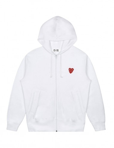 White COMME DES GARCONS PLAY zipped hoodie with double red heart on front.