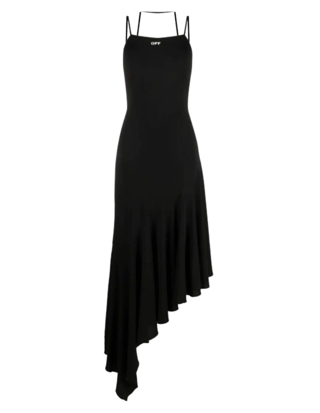 Long OFF-WHITE asymmetrical black dress with straps - SS21
