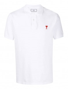 AMI PARIS polo shirt in white cotton with red "Ami de coeur" logo for men - FW21
