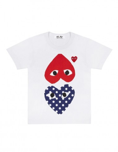 T-shirt blanc CDG PLAY avec deux coeurs rouge et pois