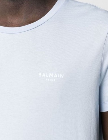 Blue Balmain tee shirt with white logo in velvet for men - FW21