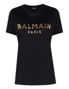 T-shirt noir Balmain logo doré pour femme - FW21