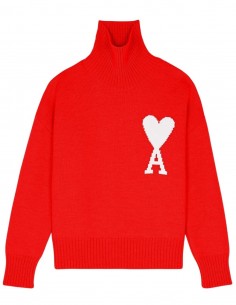 Pull AMI PARIS rouge logo "Ami de cœur" col montant mixte - FW21