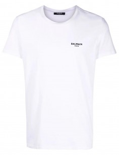 White BALMAIN t-shirt with black logo in velvet for men - SS22