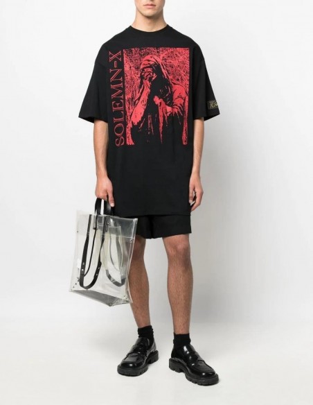 Black cotton T-shirt with red graphic print 