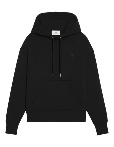 AMI PARIS oversize black hoodie with tone-on-tone logo.