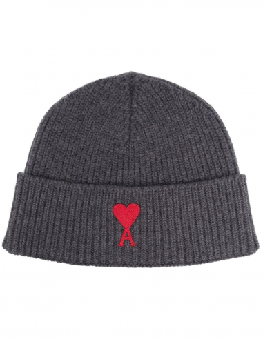 AMI PARIS "Ami de coeur" logo ribbed beanie in wool in anthracite