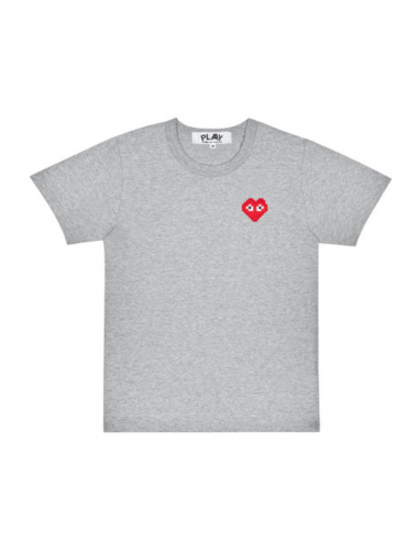 COMME DES GARÇONS PLAY X INVADER t-shirt with pixellated heart patch in grey fall-winter 2022