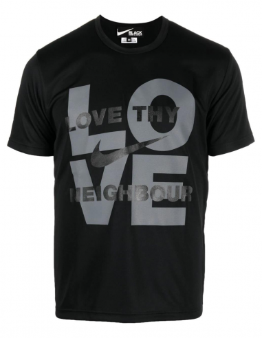 COMME DES GARÇONS BLACK X NIKE black t-shirt with "Love thy neighbour" printed slogan fall-winter 2022