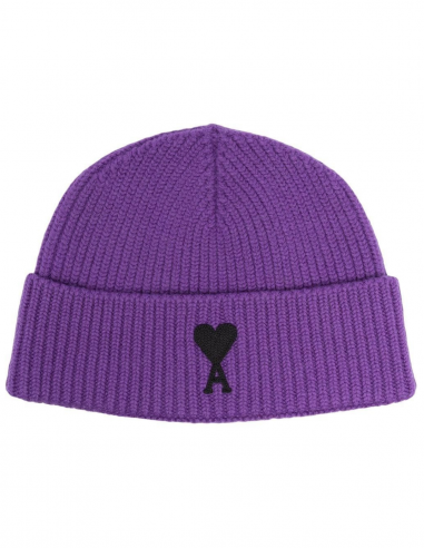 Bonnet violet AMI PARIS au logo "Ami de coeur" côtelé en laine