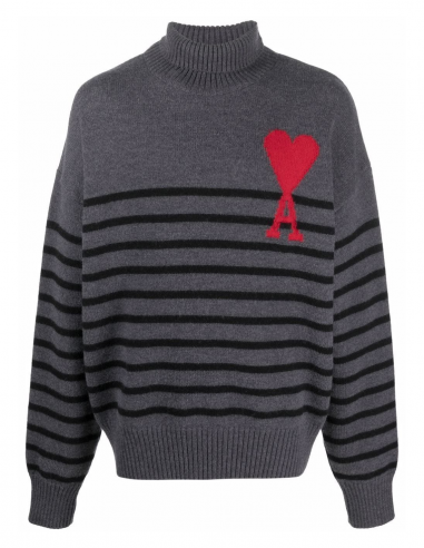 AMI PARIS Striped turtleneck with "Ami de coeur" logo in grey - unisex