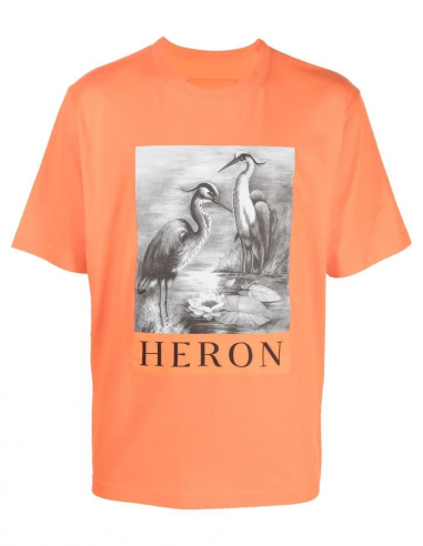 HERON PRESTON  orange t-shirt with graphic heron printed in black and white - Fall/ Winter 2022