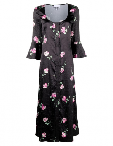 Robe longue GANNI boutonnée à motif fleuri en noir - Printemps/ Eté 2023
