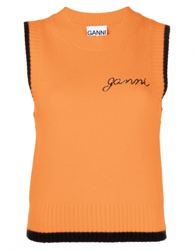 GANNI sleeveless two-tone jumper in orange wool - Spring/ Summer 2023