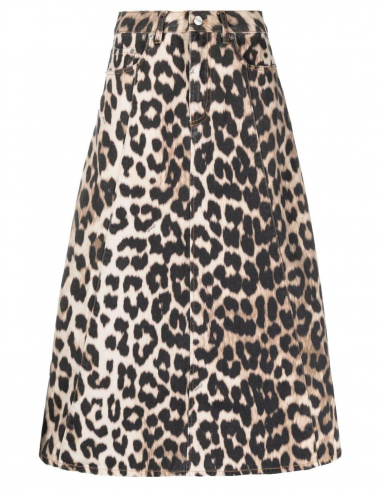 GANNI denim long skater-skirt with leopard prints - Spring/ Summer 2023
