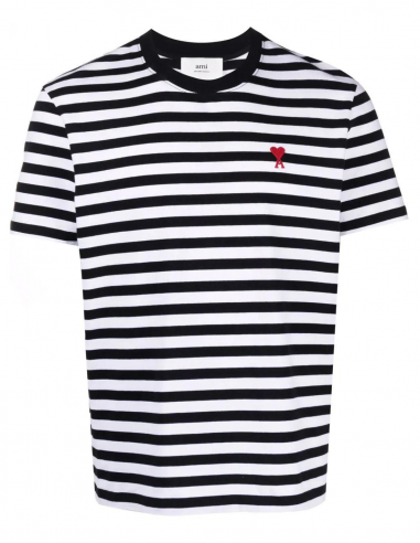 Tee-shirt noir et blanc AMI PARIS à rayures et logo brodé printemps - été 2023