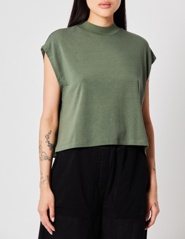 Tee-shirt kaki THOM KROM à col montant et boutons-pression dans le dos - Printemps/ Eté 2023
