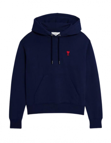 Sweat bleu foncé AMI PARIS à capuche et logo "Ami de coeur" rouge - mixte
