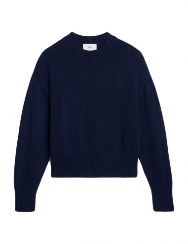 AMI PARIS round collar navy jumper with tone-on-tone logo embroidered