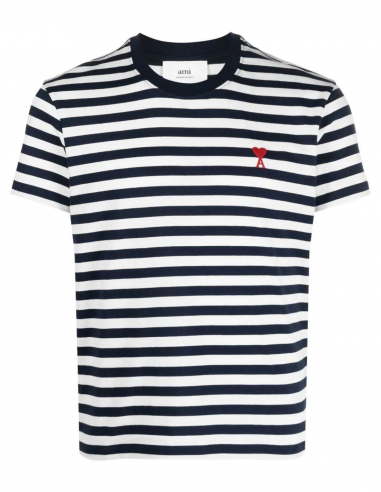 Tee-shirt bleu foncé et blanc AMI PARIS à rayures et logo brodé- PE23