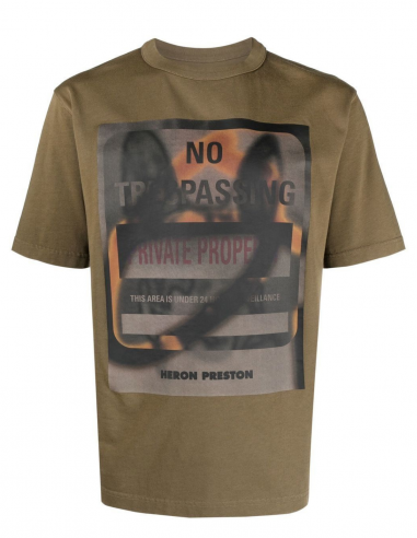 HERON PRESTON "Private Property" printed round collar khaki tee-shirt - Spring/ Summer 2023