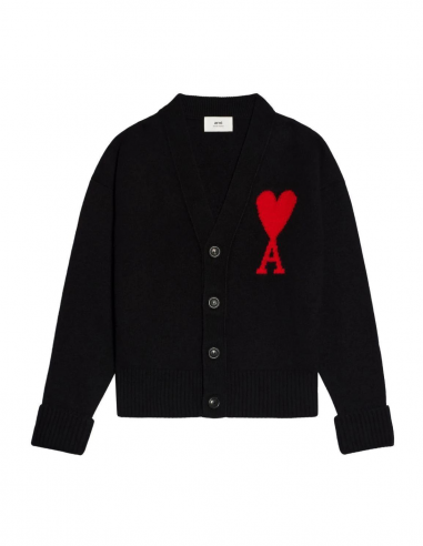 AMI PARIS buttoned V collar black cardigan with intarsia "Ami de coeur" - Printemps/ Eté 2023
