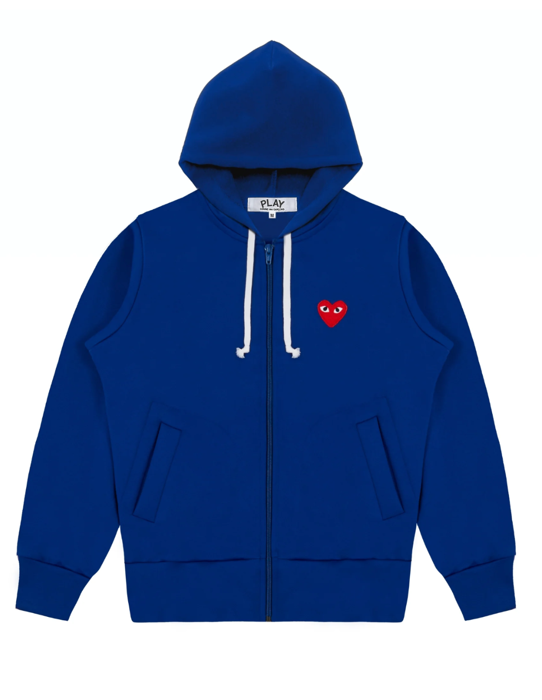Comme Des Garçons Play blue zipped hoodie with red heart patch.