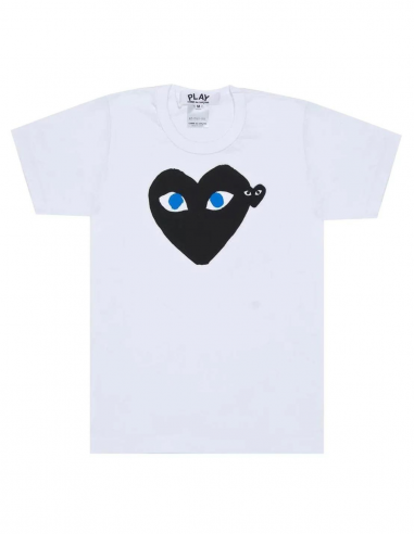T-shirt blanc CDG PLAY avec coeur noir aux yeux bleus
