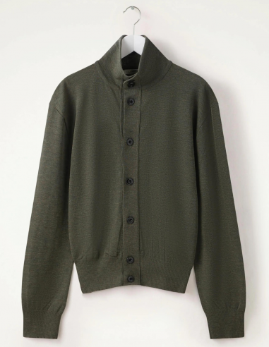 LEMAIRE green wool cardigan with stand-up collar