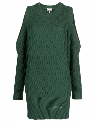 GANNI cable knit with open shoulders in green from the fall-winter 2023-2024 season