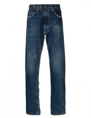MAISON MARGIELA straight cut jeans in washed denim with pendleton wool inserts