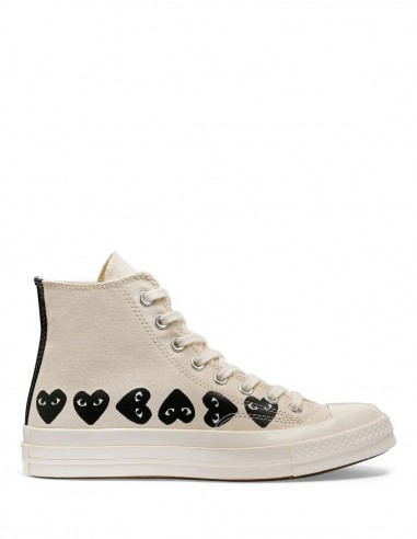 Cdg Play x Converse ecru high top "Chuck 70" sneakers with multi hearts