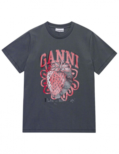 GANNI anthracite short sleeve strawberry logo t-shirt